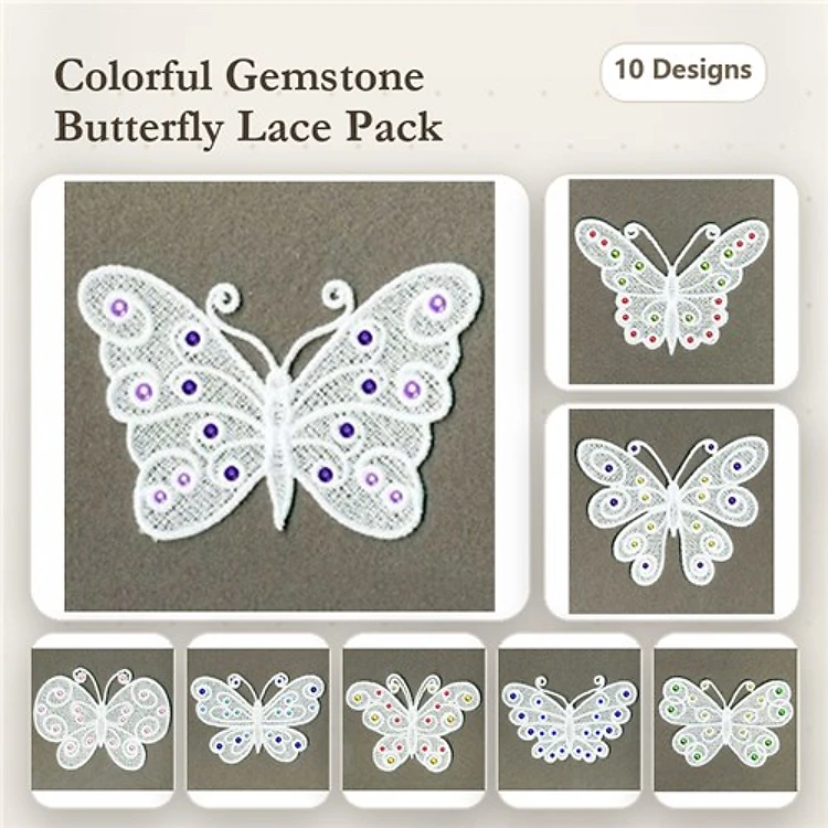 FSL Colorful Gemstone Butterflies Embroidery Designs Bundle – Butterfly with Gemstones, Ornate Gemstone Butterfly & More (10 Designs)