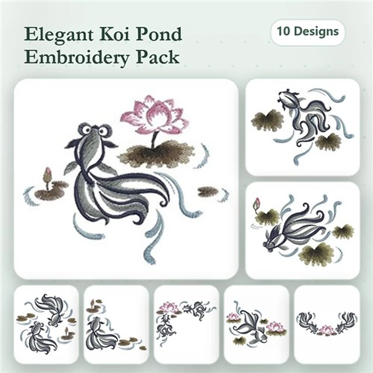 Koi Fish & Lotus Flower Embroidery Bundle – Swimming Koi, Lotus Flower, Koi Fish Couple & More (10 Designs)