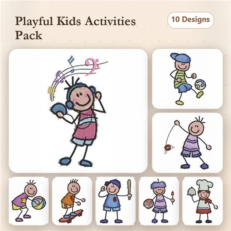 Kids Activities Embroidery Designs Bundle – Child Playing with Ball, Child with Music Notes, Child Fishing & More (10 Designs)