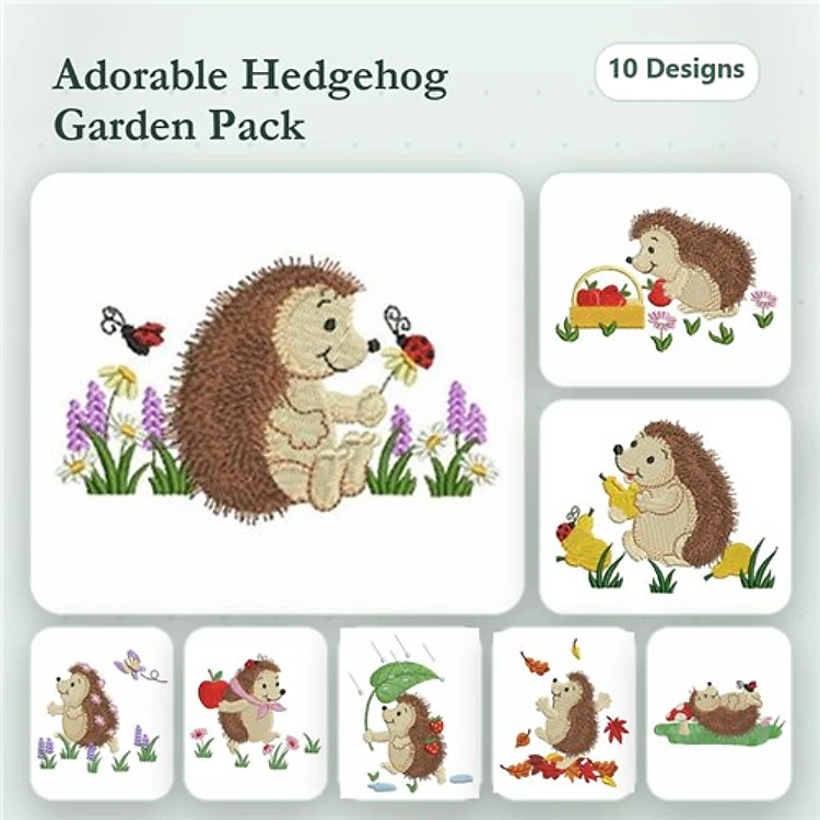 Adorable Hedgehog Embroidery Bundle – Hedgehog with Ladybug, Hedgehog with Flower, Hedgehog with Duck & More (10 Designs)