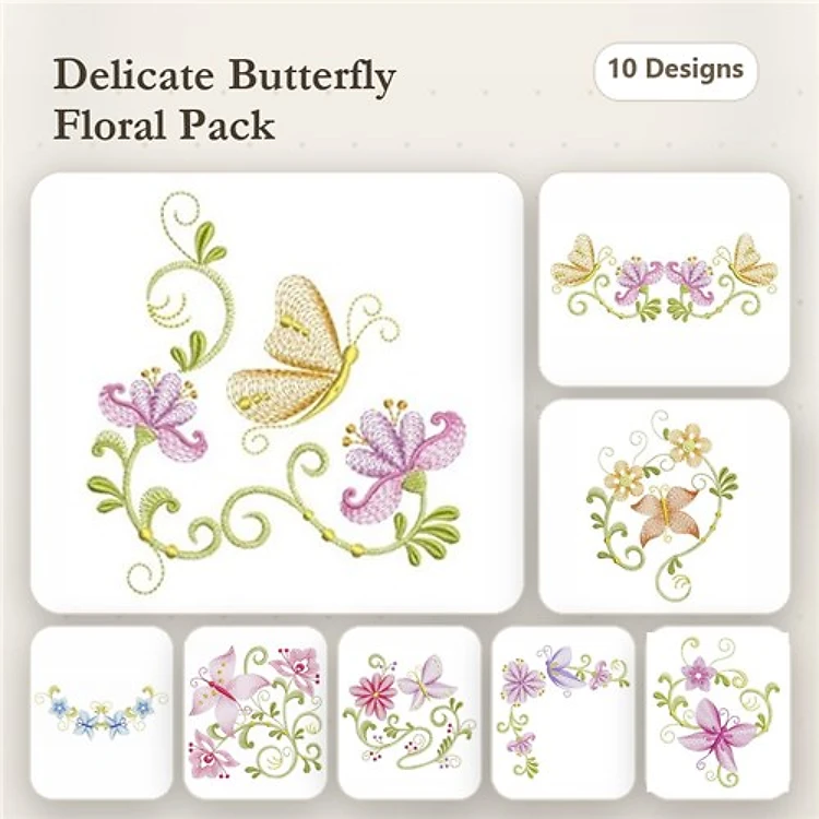 Butterflies & Floral Embroidery Designs Bundle – Delicate Butterfly with Flowers, Flower Bouquet with Butterfly, & More (10 Designs)