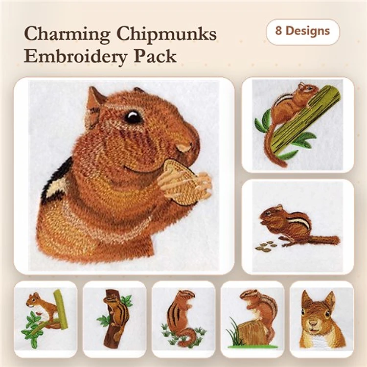 Chipmunks Embroidery Bundle – Chipmunk Eating Nut, Chipmunk on Log, Standing Chipmunk & More (8 Designs)