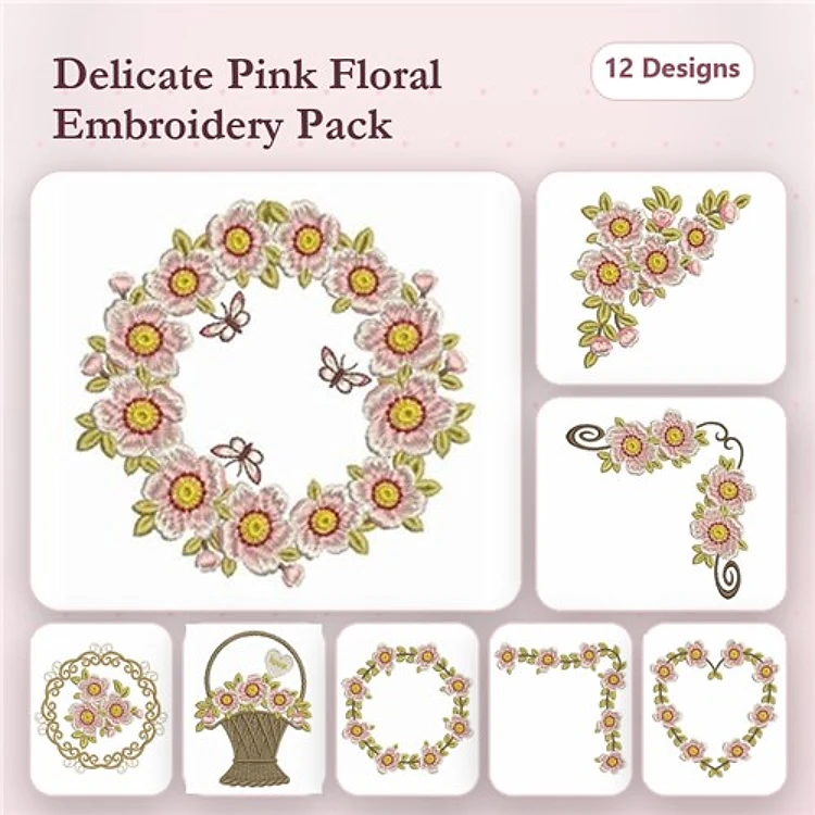 Floral Embroidery Bundle – Floral Wreath, Floral Basket, Floral Heart & More (12 Designs)
