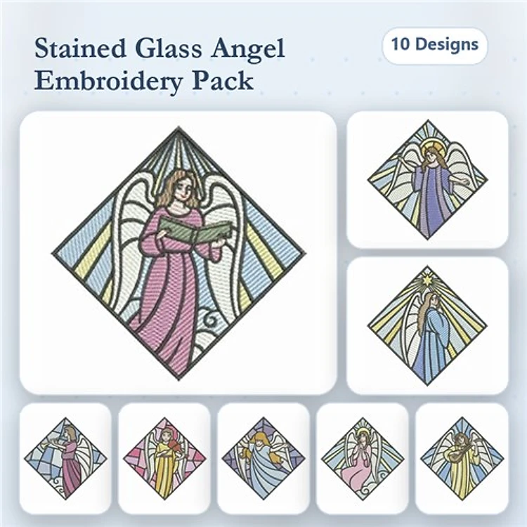 Stained Glass Angels Embroidery Designs Bundle – Angel Reading, Pink Robed Angel, Angel with Golden Halo & More (10 Designs)