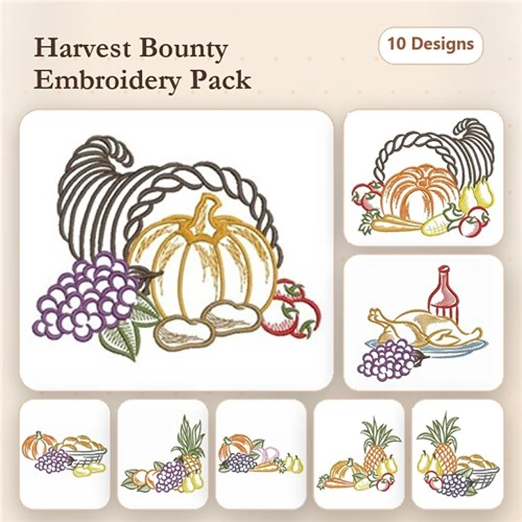 Harvest Bounty Embroidery Designs Bundle – Cornucopia with Pumpkin, Grape Cluster, Pumpkin Decoration & More (10 Designs)