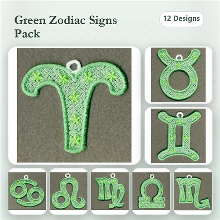 FSL Green Zodiac Signs Embroidery Designs Bundle – Aries, Taurus, Gemini & More (12 Designs)