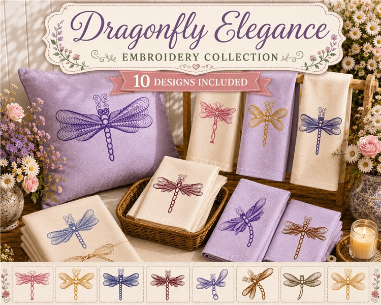 Rippled Dragonfly Embroidery Designs Bundle – Dragonfly with Bow in Blue, Pink, Lavender & More (10 Designs)