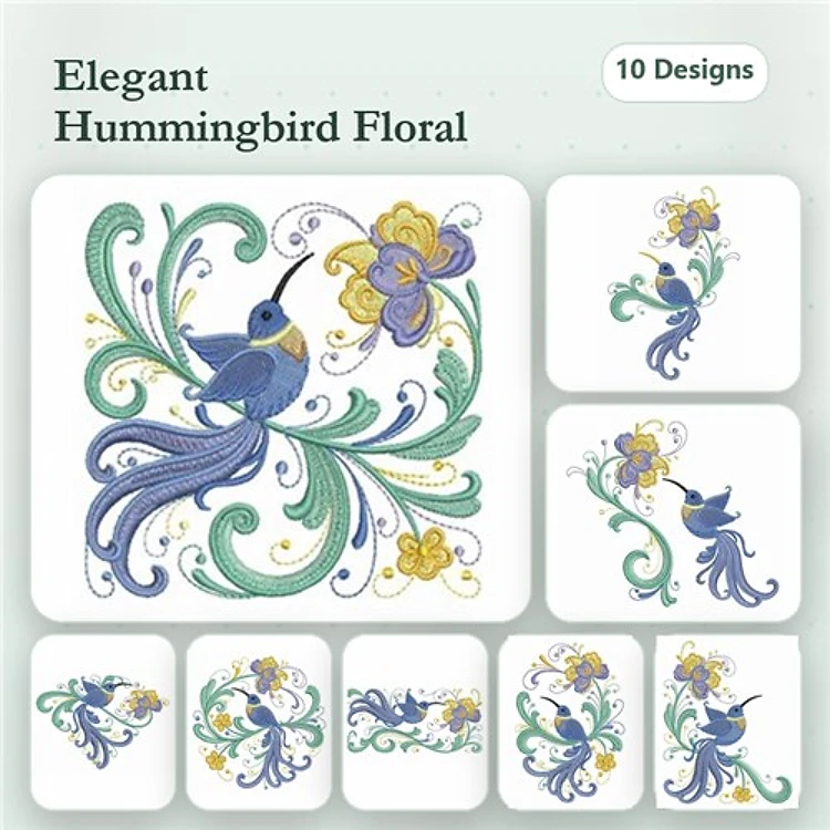 Hummingbird & Floral Embroidery Designs Bundle – Hummingbird with Yellow Flower, Swirling Hummingbird, & More (10 Designs)