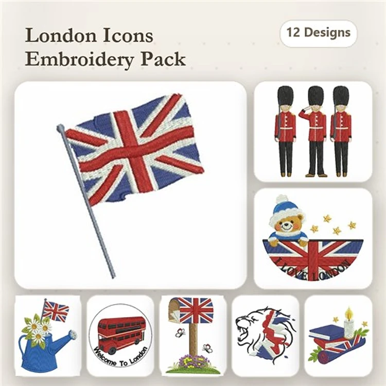 London Icons Embroidery Designs Bundle – Union Jack Flag, Royal Guard, London Bus & More (12 Designs)
