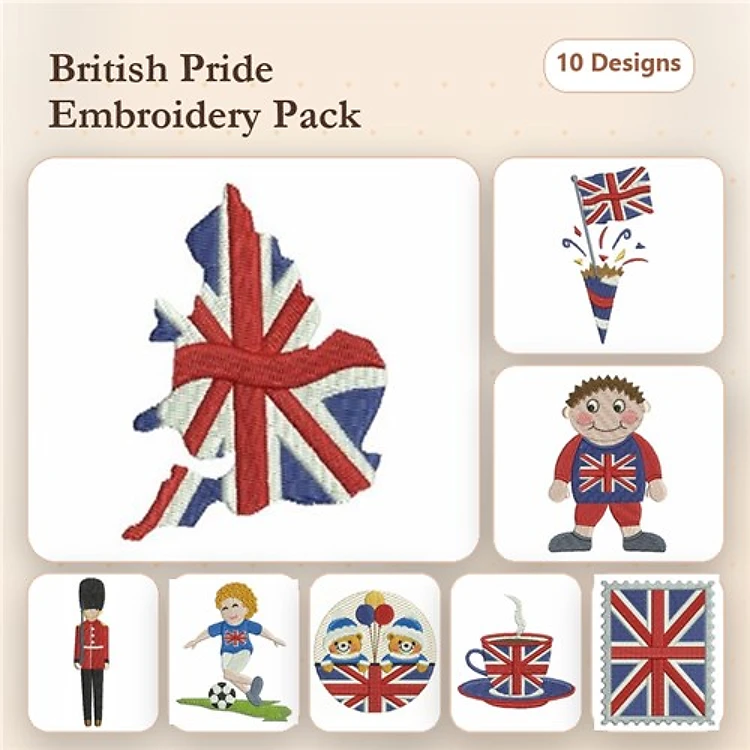 British Themed Embroidery Bundle – Union Jack Map, Royal Guard Figure, Teacup & More (10 Designs)
