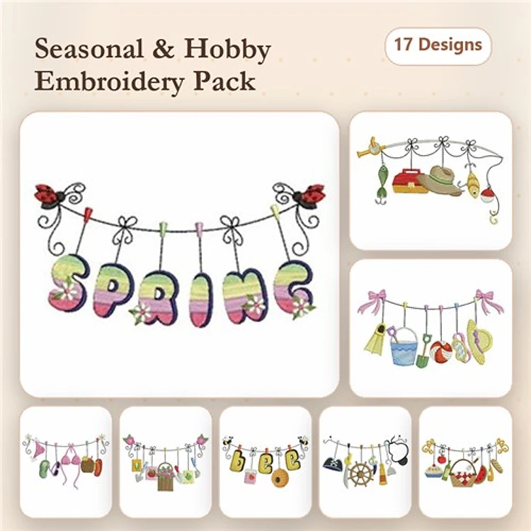 Spring Decor Embroidery Designs Bundle – Decorative Letters, Garden Hat, Watering Can & More (17 Designs)
