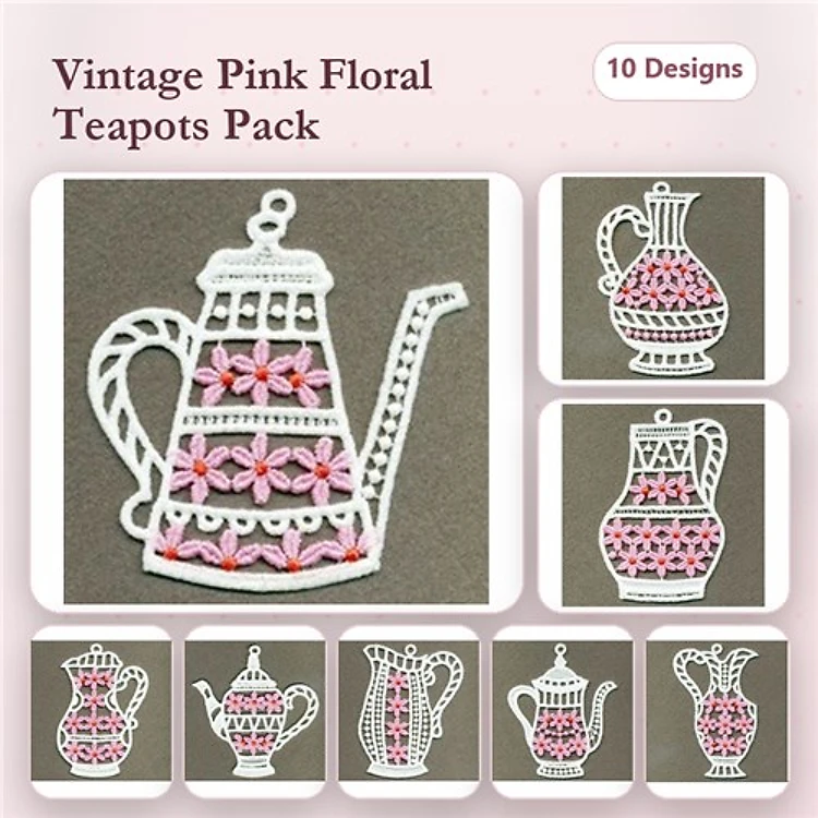 FSL Vintage Floral Teapots Embroidery Designs Bundle – Floral Teapot, Decorative Teapot & More (10 Designs)
