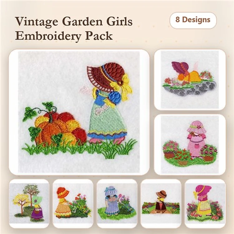 Vintage Garden Girls Embroidery Designs Bundle – Girl with Pumpkins, Girl in Pink Dress, Girl with Flower Basket & More (8 Designs)