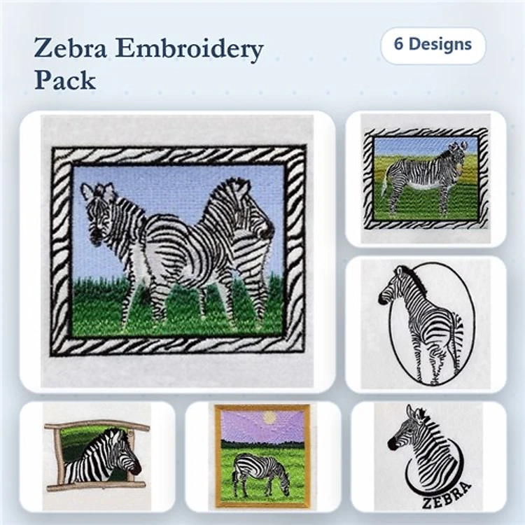 Zebra Embroidery Designs Bundle – Zebra with Grass, Zebra Portrait, Zebras in Field & More (6 Designs)