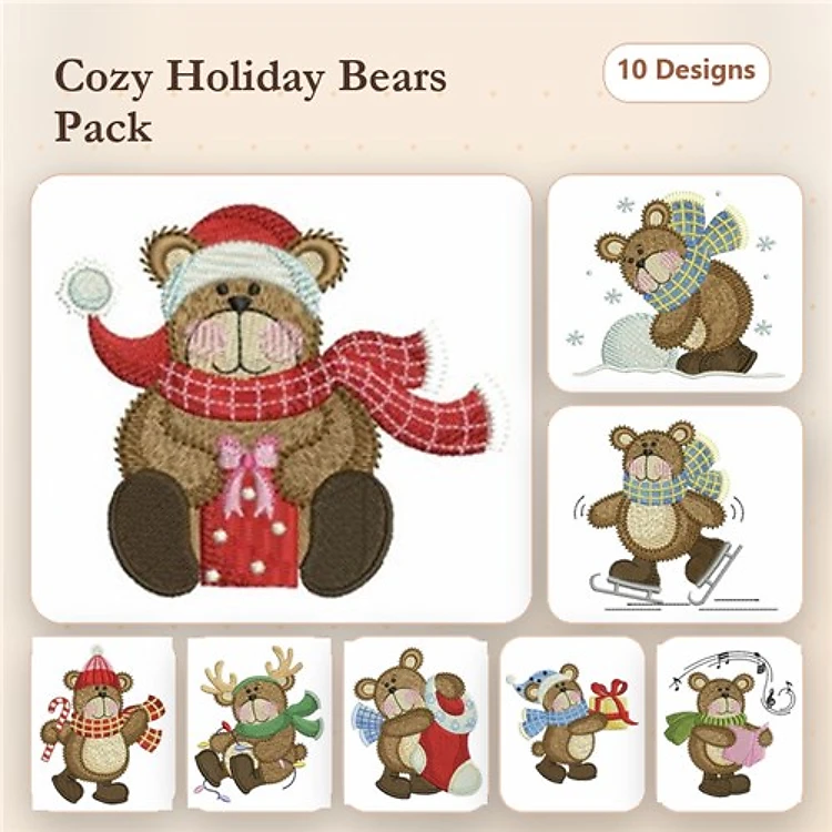 Cozy Holiday Bears Embroidery Designs Bundle – Bear with Red Scarf, Bear with Present, Bear on Skates & More (10 Designs)