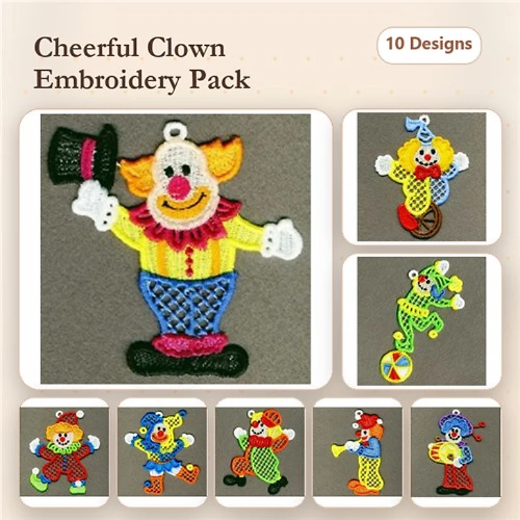 FSL Clown-Themed Embroidery Designs Bundle – Clown with Top Hat, Clown on Unicycle, Clown with Balloons & More (10 Designs)