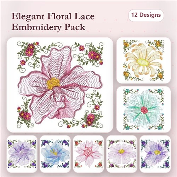 Rippled Floral Lace Embroidery Designs Bundle – Pink, Yellow, Blue & More (12 Designs)