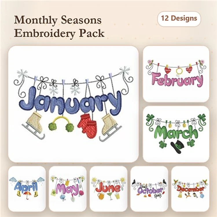 Monthly Seasonal Embroidery Designs Bundle – January to December Banners (12 Designs)