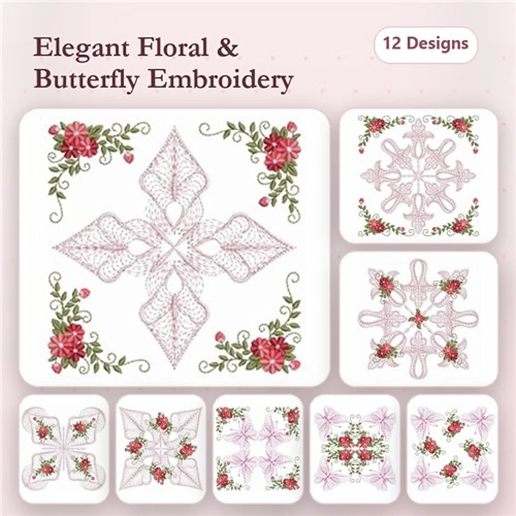 Rippled Elegant Floral & Butterfly Embroidery Designs Bundle – Floral Corner, Stylized Butterfly, & More (12 Designs)