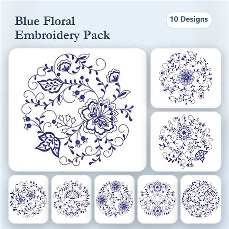 Redwork Floral Embroidery Designs Bundle – Floral Design with Leaves, Circular Floral Motif, Floral Swirl Pattern & More (10 Designs)