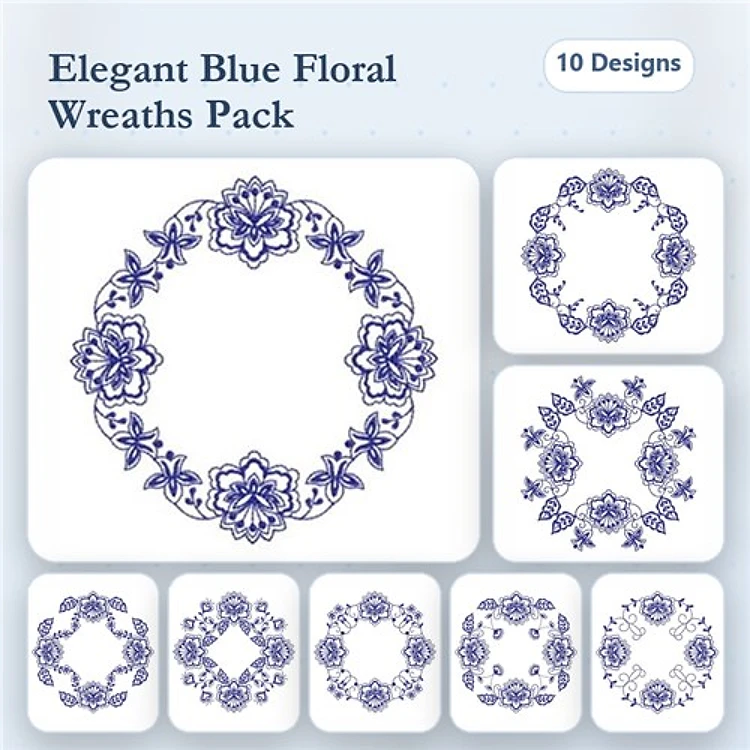 Redwork Floral Wreath Embroidery Designs Bundle – Ornate Floral Wreath, Blue Flower Circle, Lacy Floral Wreath & More (10 Designs)