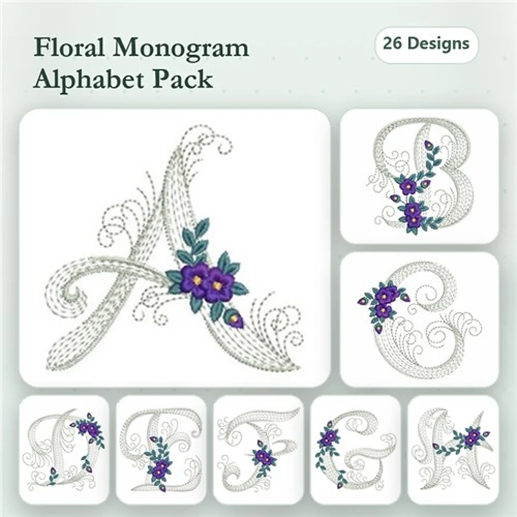 Rippled Floral Monogram Letters Embroidery Bundle – Floral Monogram A, B, C, D & More (26 Designs)