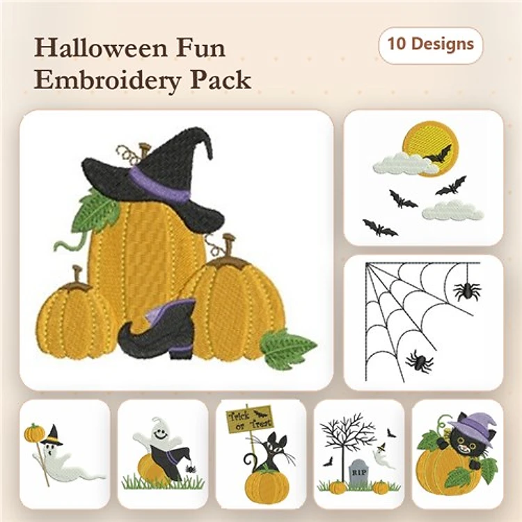 Halloween Embroidery Designs Bundle – Witch Hat, Pumpkin with Ghost, Bat on Moon & More (10 Designs)
