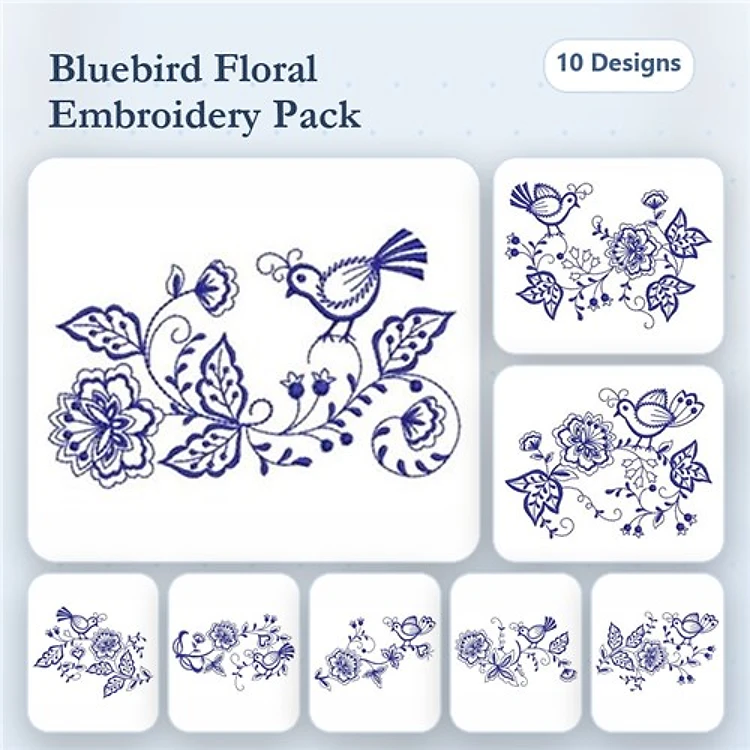 Redwork Floral Embroidery Designs Bundle – Bluebird with Flower, Floral Arrangement with Bluebird, & More (10 Designs)