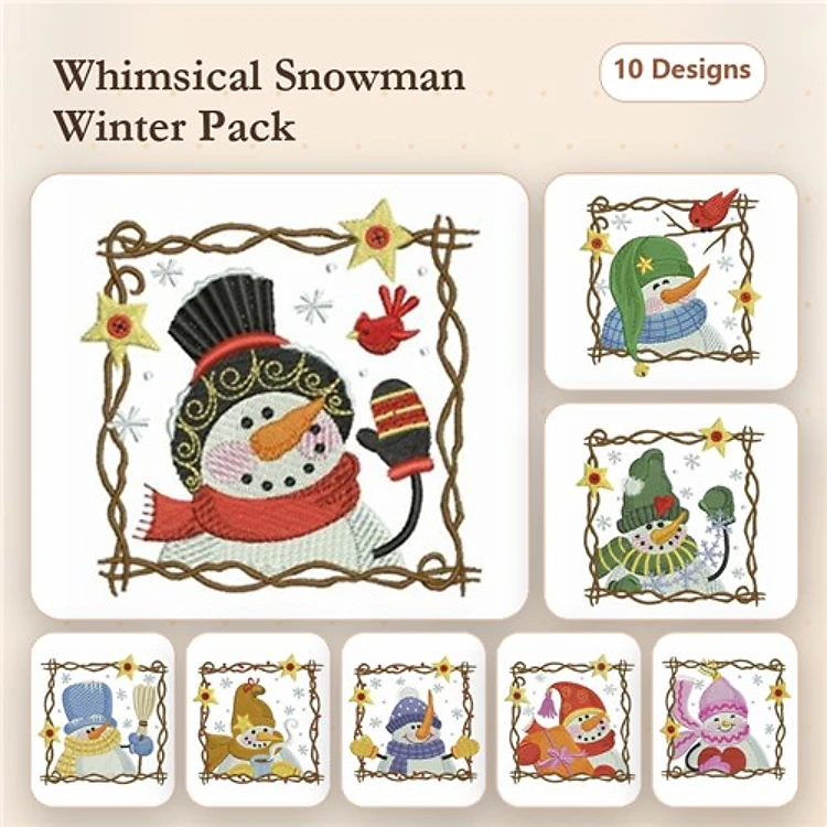 Whimsical Snowman Embroidery Designs Bundle – Snowman with Black Hat, Red Scarf, Ornament & More (10 Designs)