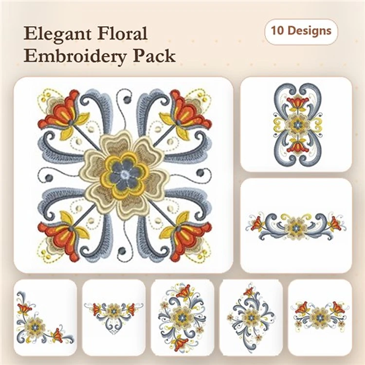 Elegant Floral Embroidery Designs Bundle – Floral Motif 1, Floral Motif 2, Floral Motif 3 & More (10 Designs)