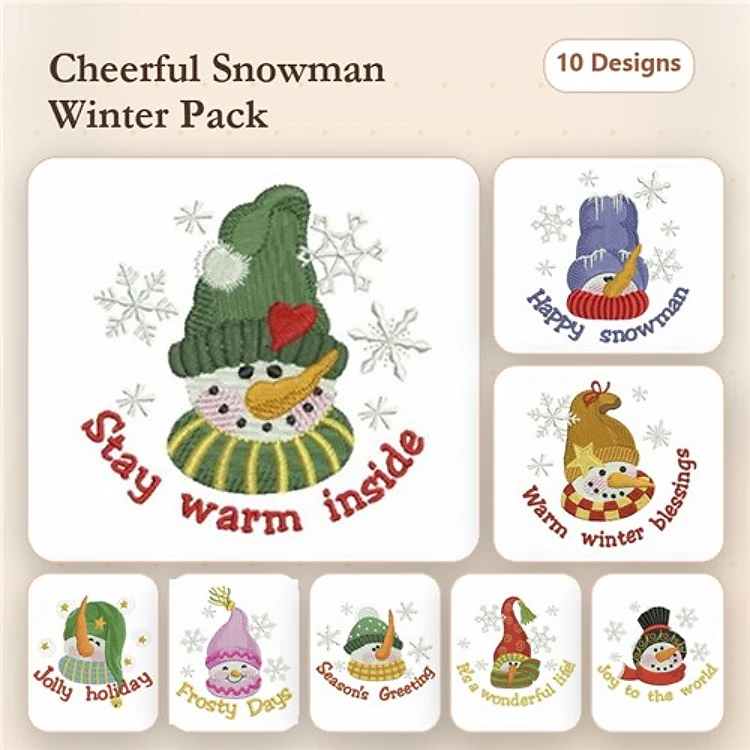 Cheerful Snowman Embroidery Designs Bundle – Happy Snowman, Silly Snowman, Warm Winter Blessings & More (10 Designs)