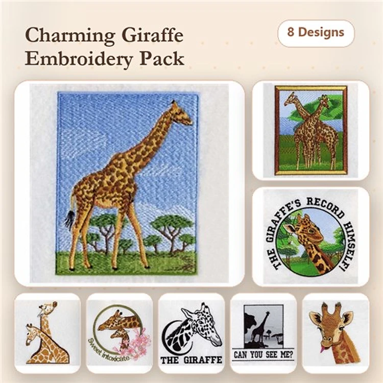 Giraffe Embroidery Designs Bundle – Standing Giraffe, Giraffe Head, Giraffe with Trees & More (8 Designs)