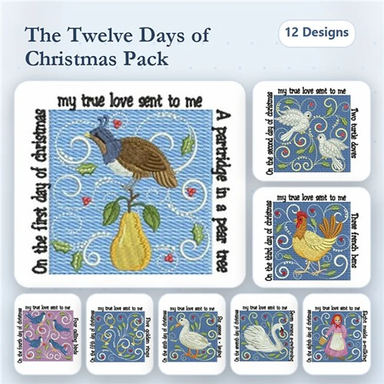 Twelve Days of Christmas Embroidery Designs Bundle – Partridge in a Pear Tree, Turtle Doves, French Hens & More (12 Designs)