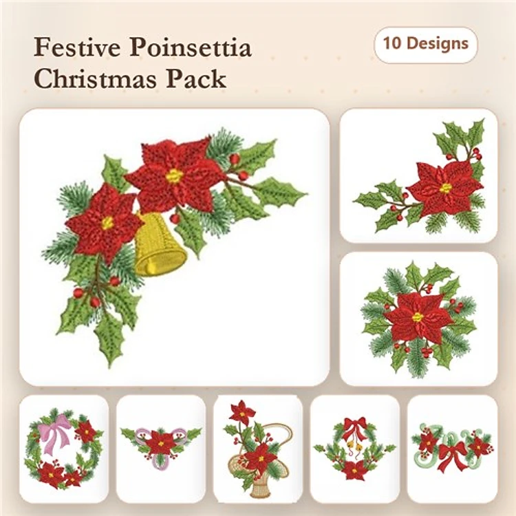 Poinsettia Christmas Embroidery Designs Bundle – Poinsettia with Bell, Wreath, Gift Tag & More (10 Designs)