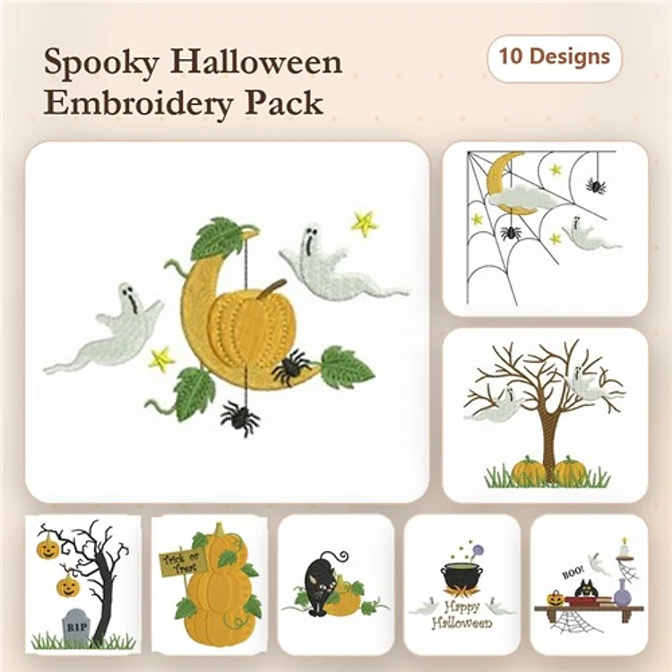 Halloween Embroidery Designs Bundle – Ghosts, Pumpkins, Black Cat & More (10 Designs)