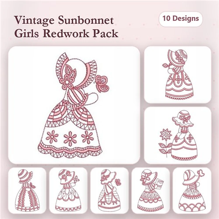 Redwork Vintage Sunbonnet Girls Embroidery Bundle – Sunbonnet Girl with Flowers, Girl with Basket & More (10 Designs)