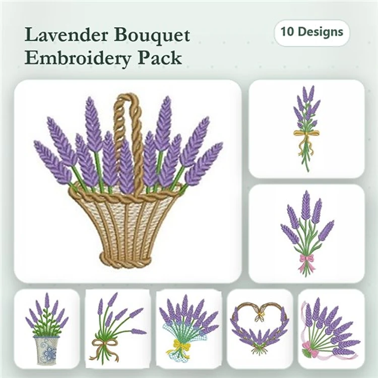 Floral Embroidery Designs Bundle – Lavender Bouquet in Basket, Lavender Stem in Pot, Lavender Heart & More (10 Designs)