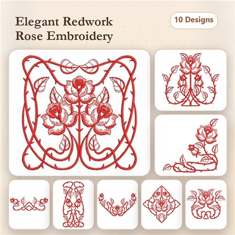 Redwork Rose Embroidery Designs Bundle – Rose Bouquet, Floral Rose, Single Rose & More (10 Designs)
