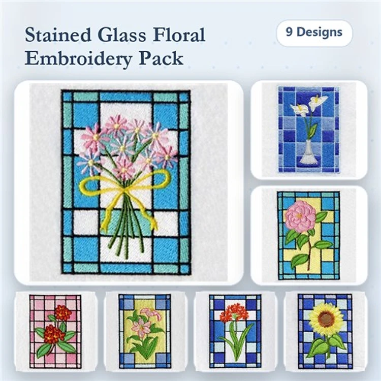 Floral Stained Glass Embroidery Designs Bundle – Bouquet of Flowers, Floral Vase, Pink Carnation & More (9 Designs)