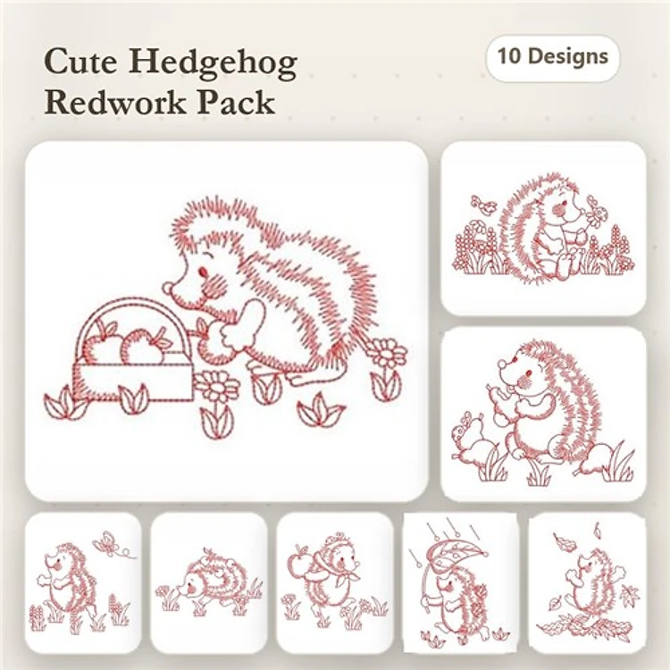Redwork Hedgehog Embroidery Bundle – Hedgehog with Basket, Gathering Flowers, & Friends (10 Designs)