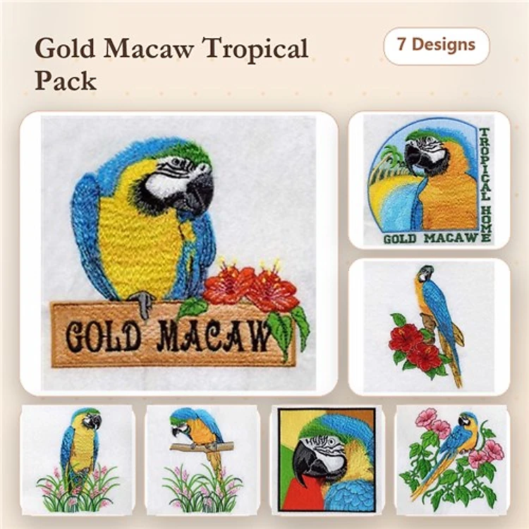 Gold Macaw Embroidery Designs Bundle – Macaw Portrait, Macaw with Flowers, Macaw on Branch & More (7 Designs)