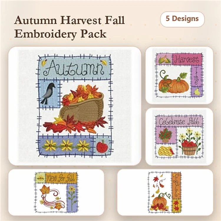 Autumn Harvest Embroidery Designs Bundle – Autumn Basket with Leaves, Harvest Pumpkin, Thankful Autumn & More (5 Designs)