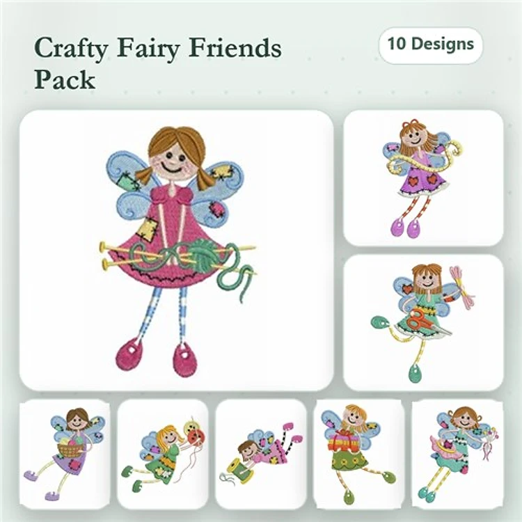Crafty Fairy Friends Embroidery Designs Bundle – Fairy with Musical Instrument, Garden Tool, & Craft Supplies (10 Designs)