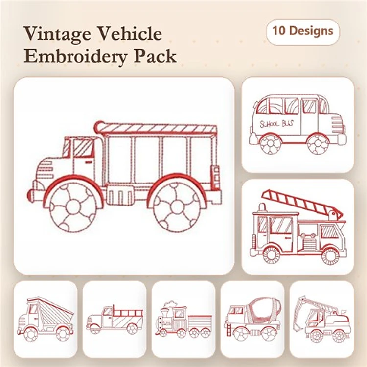 Redwork Vintage Vehicles Embroidery Designs Bundle – Fire Truck, Ice Cream Truck, Dump Truck & More (10 Designs)