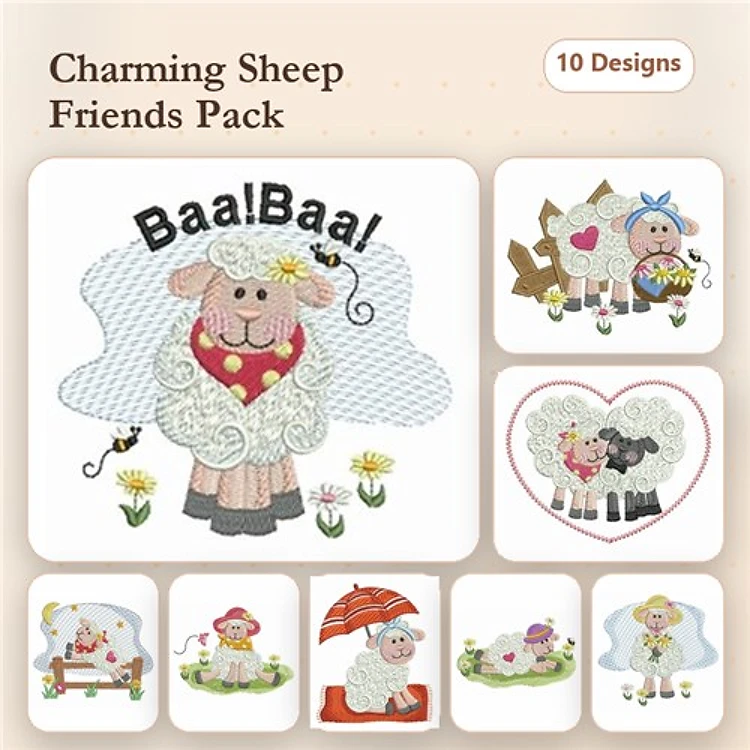 Farm Animal Embroidery Bundle – Charming Sheep with Heart, Flower Field, Basket & More (10 Designs)