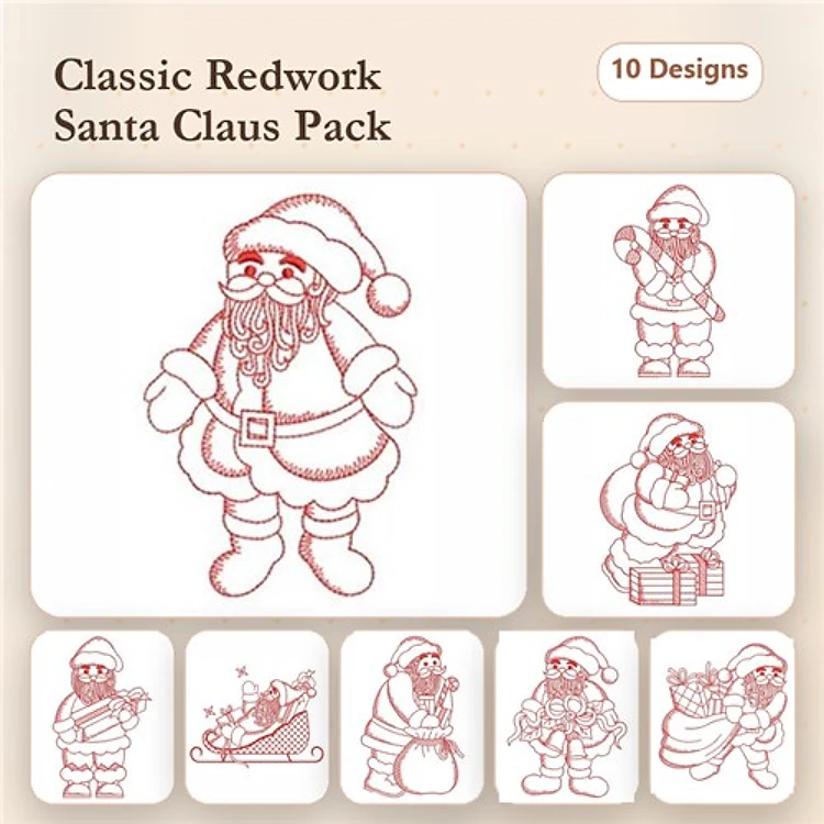 Redwork Santa Claus Embroidery Designs Bundle – Santa with Bag, Santa in Sleigh, Santa with Christmas Tree & More (10 Designs)