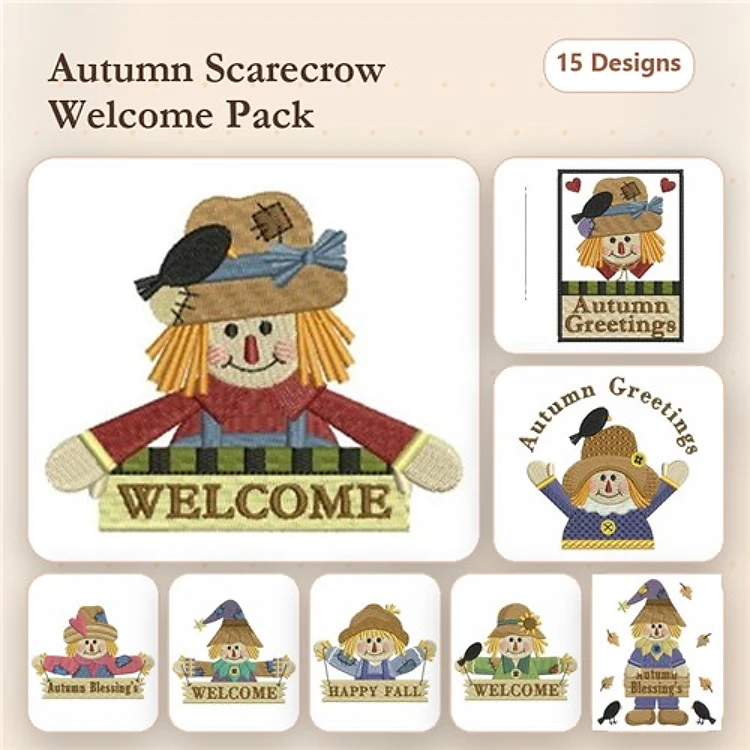 Autumn Scarecrow Embroidery Designs Bundle – Welcome Scarecrow, Scarecrow with Pumpkin, Scarecrow Family & More (15 Designs)