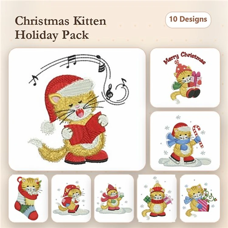 Christmas Kittens Embroidery Bundle – Singing Kitten, Kitten with Candy Cane, Merry Christmas Kitten & More (10 Designs)
