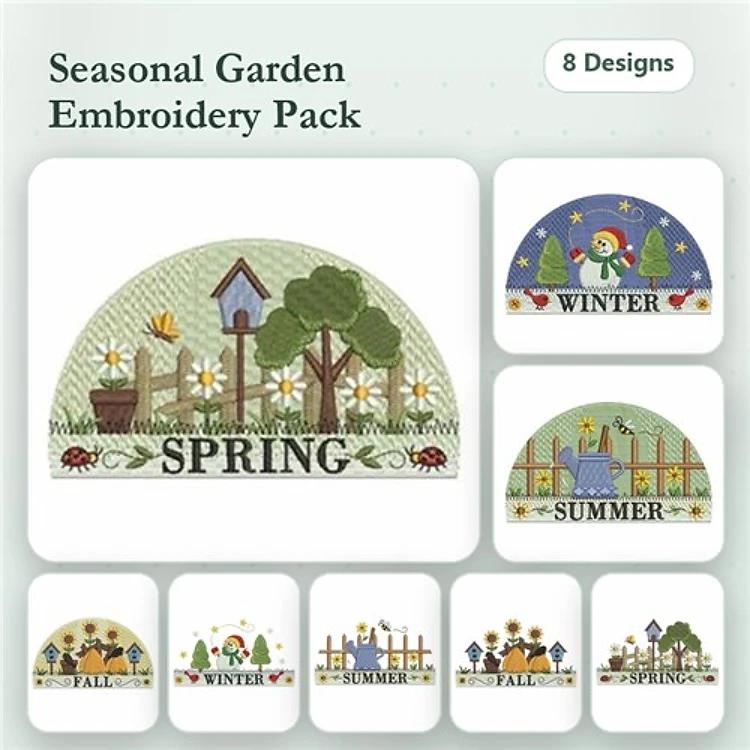 Seasonal Garden Embroidery Designs Bundle – Spring Garden, Winter Garden, Snowman & More (8 Designs)