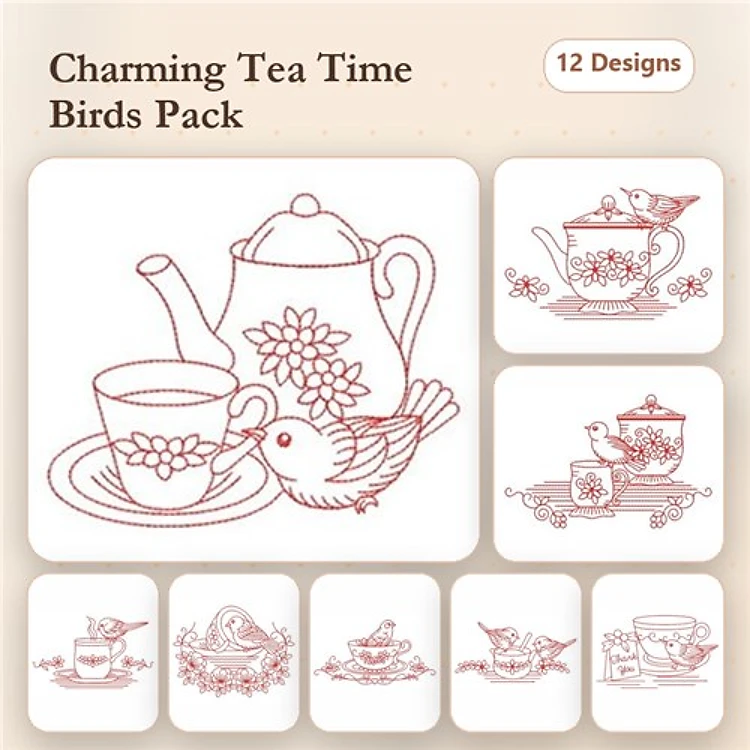 Redwork Tea Time with Birds Embroidery Designs Bundle – Teapot with Flowers, Tea Cup with Bird, Birds on Plate & More (12 Designs)